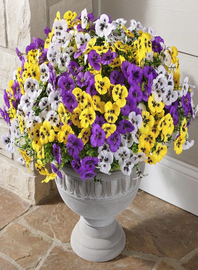 Alupssuc 24 Bundles Artificial Flowers for Outdoors, Fake Spring Flowers for Decoration, UV Resistant Realistic Pansies with Eucalyptus Silk Faux Flowers for Porch Patio Yard, Eggplant Yellow White - Image 3