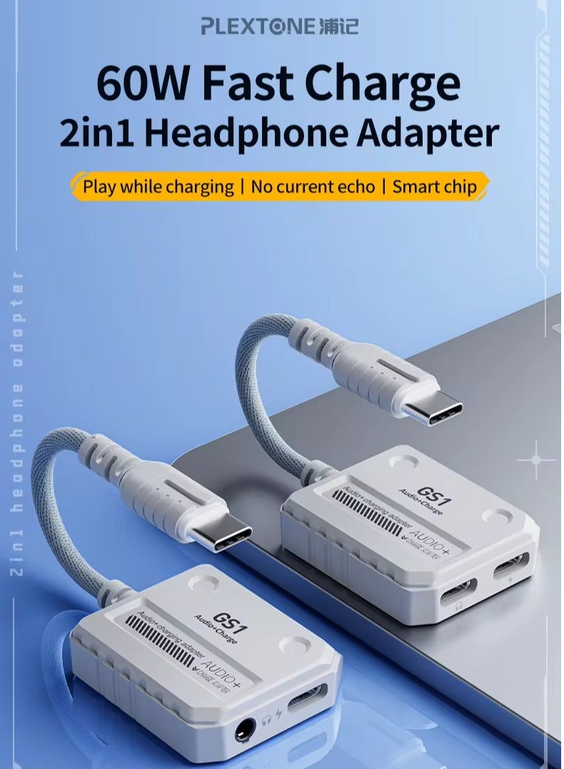 Plextone GS1 2 in 1 Fast Charging Adapter Type-C Pd USB-C to Dual Type-C Ports Type-C to Audio Cable 60W High Definition Fast Charging Adapter White - Image 5