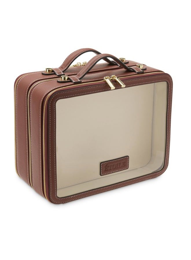 ETOILE Large Twin Cosmetic Case Dual Compartment Cosmetic Beauty Organizer & Toiletry Case, Ginger Brown, Dual Compartment Cosmetic Case - Image 1