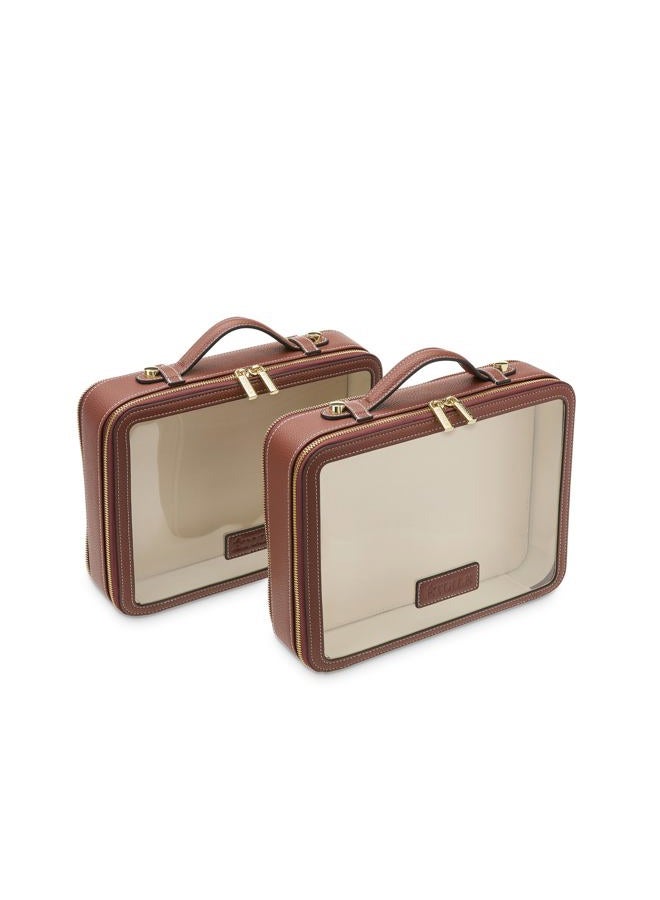 ETOILE Large Twin Cosmetic Case Dual Compartment Cosmetic Beauty Organizer & Toiletry Case, Ginger Brown, Dual Compartment Cosmetic Case - Image 3