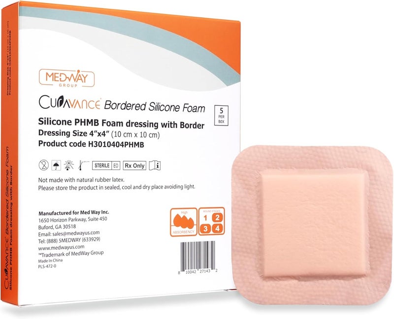 مدفانس - ضمادة فوم لاصقة من السيليكون المحاط بـ PHMB بحجم 4"x4" (وسادة 2.7"x2.7"), علبة تحتوي على 5 ضمادات