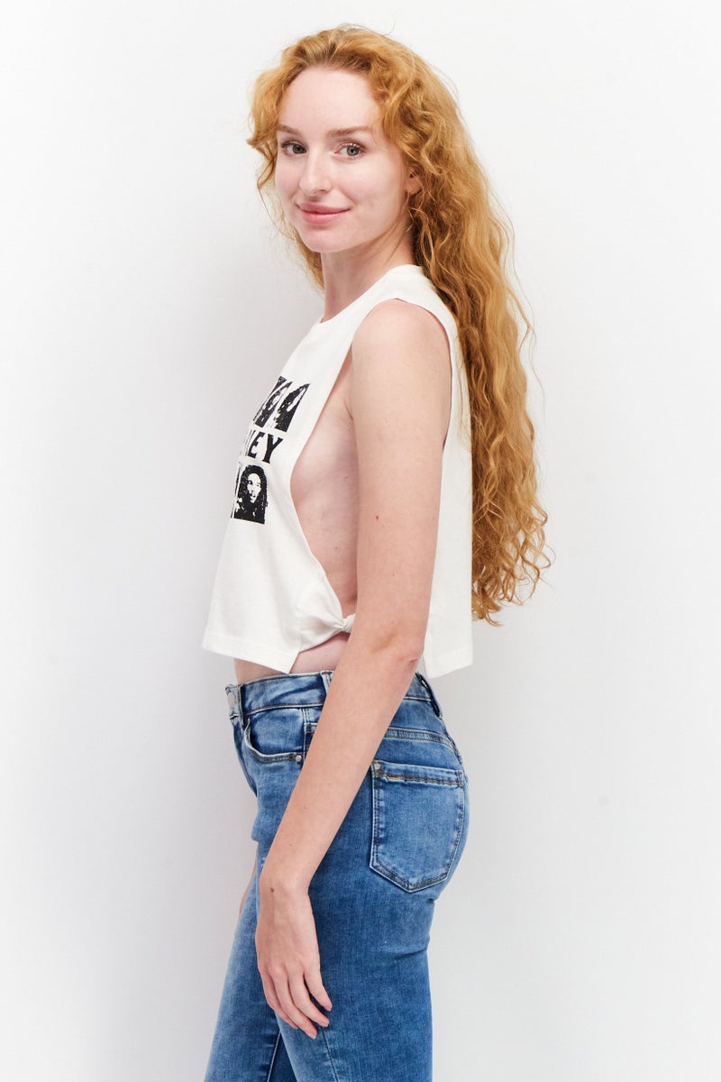 Sinsay Women Crew Neck Sleeveless Graphic Tank Top, White/Black  - Image 3