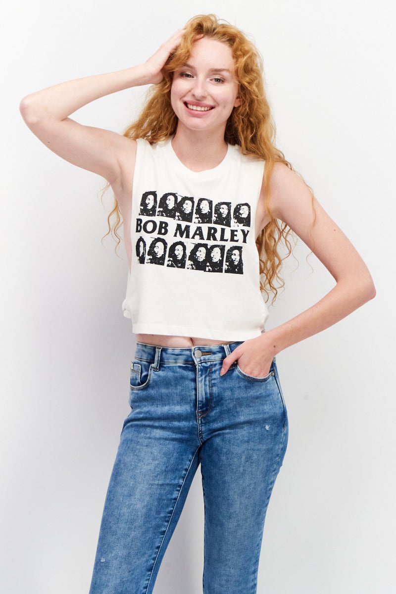 Sinsay Women Crew Neck Sleeveless Graphic Tank Top, White/Black  - Image 1