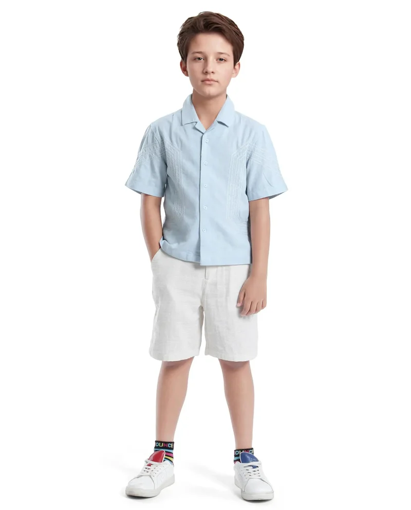 رير ونز Rare Ones Kids Uno Blue Cotton Half Sleeve Solid Button Closure Regular Fit Shirt