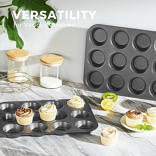 HONGBAKE Muffin Pan for Baking, Nonstick Cupcake Tin 12 Cup, 2 Pack Cup Cake Tray, Premium Cheesecake Pans, Dishwasher Safe - Dark Grey - Image 5