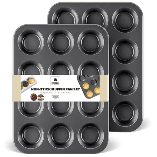HONGBAKE Muffin Pan for Baking, Nonstick Cupcake Tin 12 Cup, 2 Pack Cup Cake Tray, Premium Cheesecake Pans, Dishwasher Safe - Dark Grey - Image 1