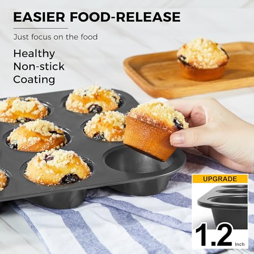 HONGBAKE Muffin Pan for Baking, Nonstick Cupcake Tin 12 Cup, 2 Pack Cup Cake Tray, Premium Cheesecake Pans, Dishwasher Safe - Dark Grey - Image 2