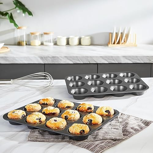 HONGBAKE Muffin Pan for Baking, Nonstick Cupcake Tin 12 Cup, 2 Pack Cup Cake Tray, Premium Cheesecake Pans, Dishwasher Safe - Dark Grey - Image 3