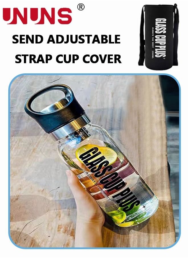 UNUNS - Glass Water Bottle,2000ML Portable Glass Drinking Bottle With Handle And Tea Leaks,With Protection Sleeve,BPA Free - Image 1