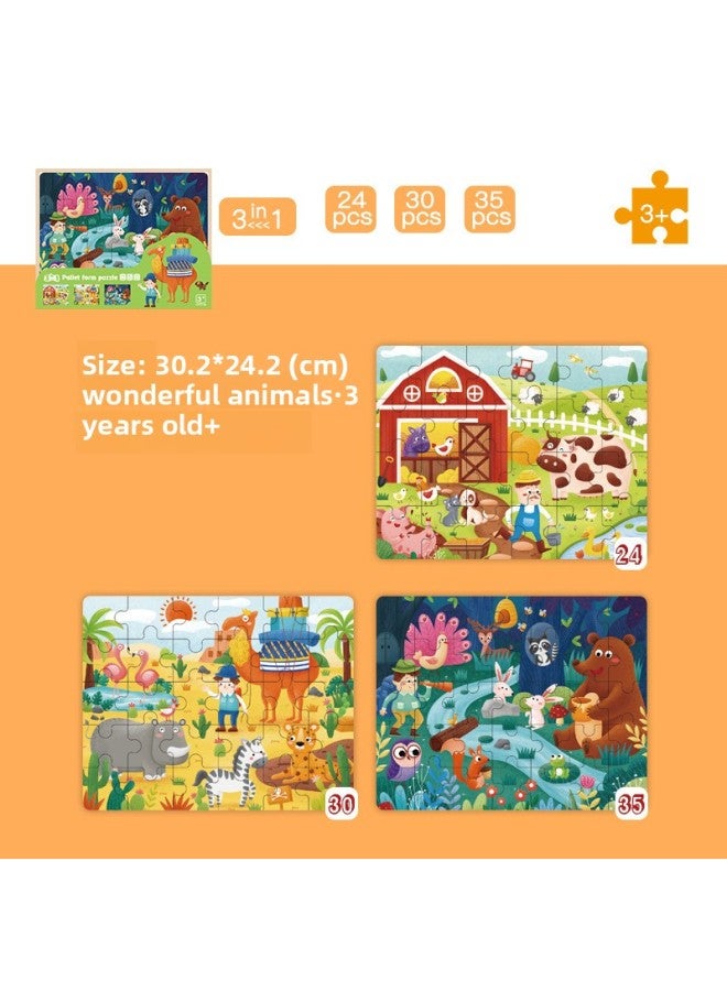 Children's Educational Animal Dinosaur Three-dimensional Puzzle Wooden Puzzle Baby Intelligence Development Russian Square Toys-Color:Three In One Wonderful Animal - Image 1