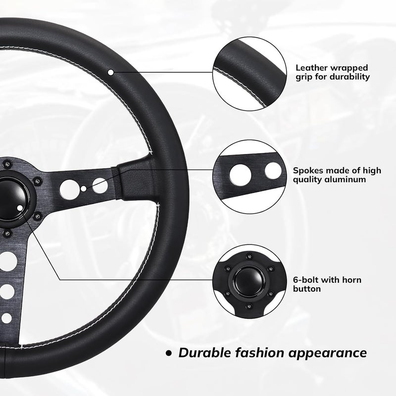 QYMOPAY 14in Racing Steering Wheel, Universal Leather Steering Wheel, Six Hole Black with Horn for MOMO Prototipo - Image 3