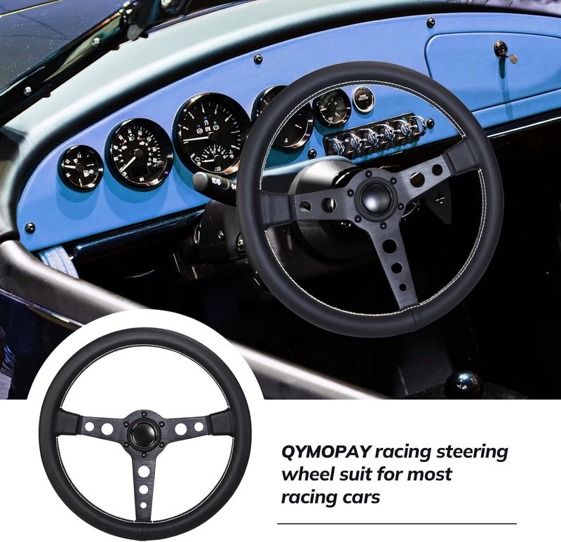 QYMOPAY 14in Racing Steering Wheel, Universal Leather Steering Wheel, Six Hole Black with Horn for MOMO Prototipo - Image 5