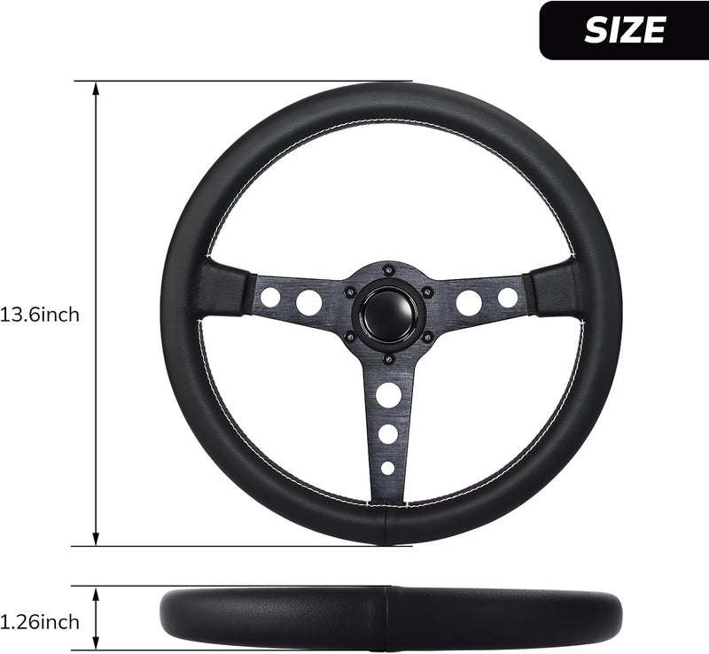 QYMOPAY 14in Racing Steering Wheel, Universal Leather Steering Wheel, Six Hole Black with Horn for MOMO Prototipo - Image 2