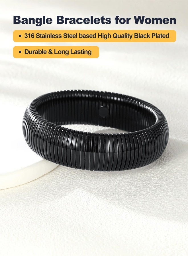 U7 Women Bangle Bracelets, 20mm Wide Stretch Bracelets Black Plated Wristband Bangle Bracelet, Chunky Round Cuff Bracelet - Image 4