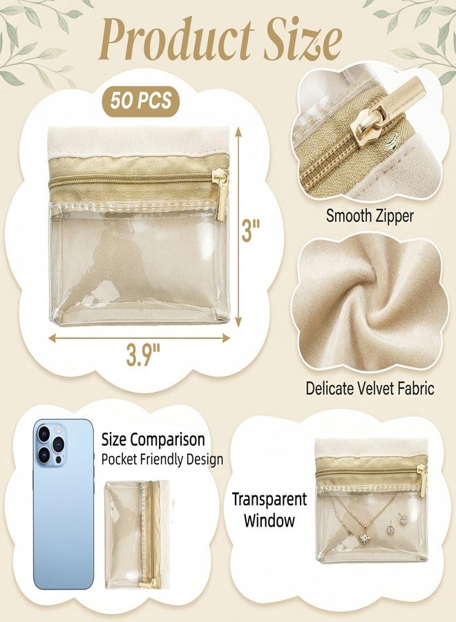 Acshio 50 Pieces Travel Jewelry Bags, Clear Jewelry Pouch Bag with Zipper, Portable Velvet Earring Storage Necklace Organizer for Women Gift, Rings, Bracelets, Beige - Image 2