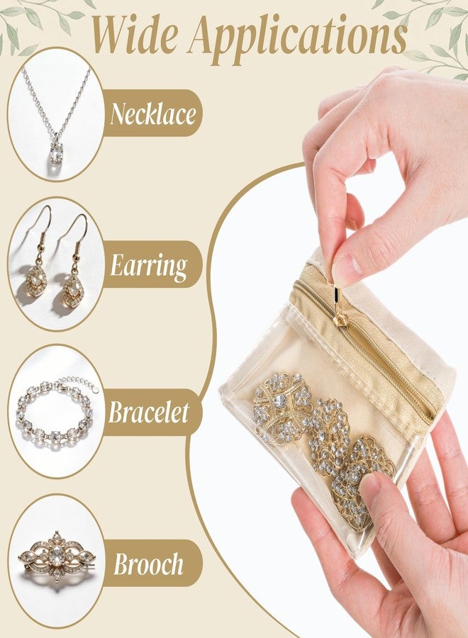 Acshio 50 Pieces Travel Jewelry Bags, Clear Jewelry Pouch Bag with Zipper, Portable Velvet Earring Storage Necklace Organizer for Women Gift, Rings, Bracelets, Beige - Image 3