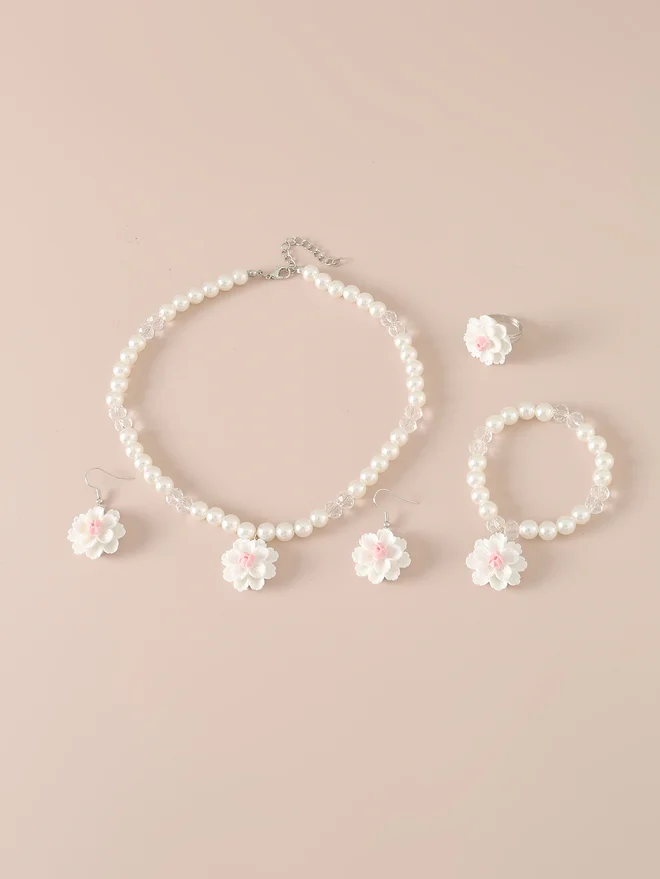Take Two Take Two Set of 4 - Pendant Faux Pearl Necklace, Bracelet, Earrings and Ring