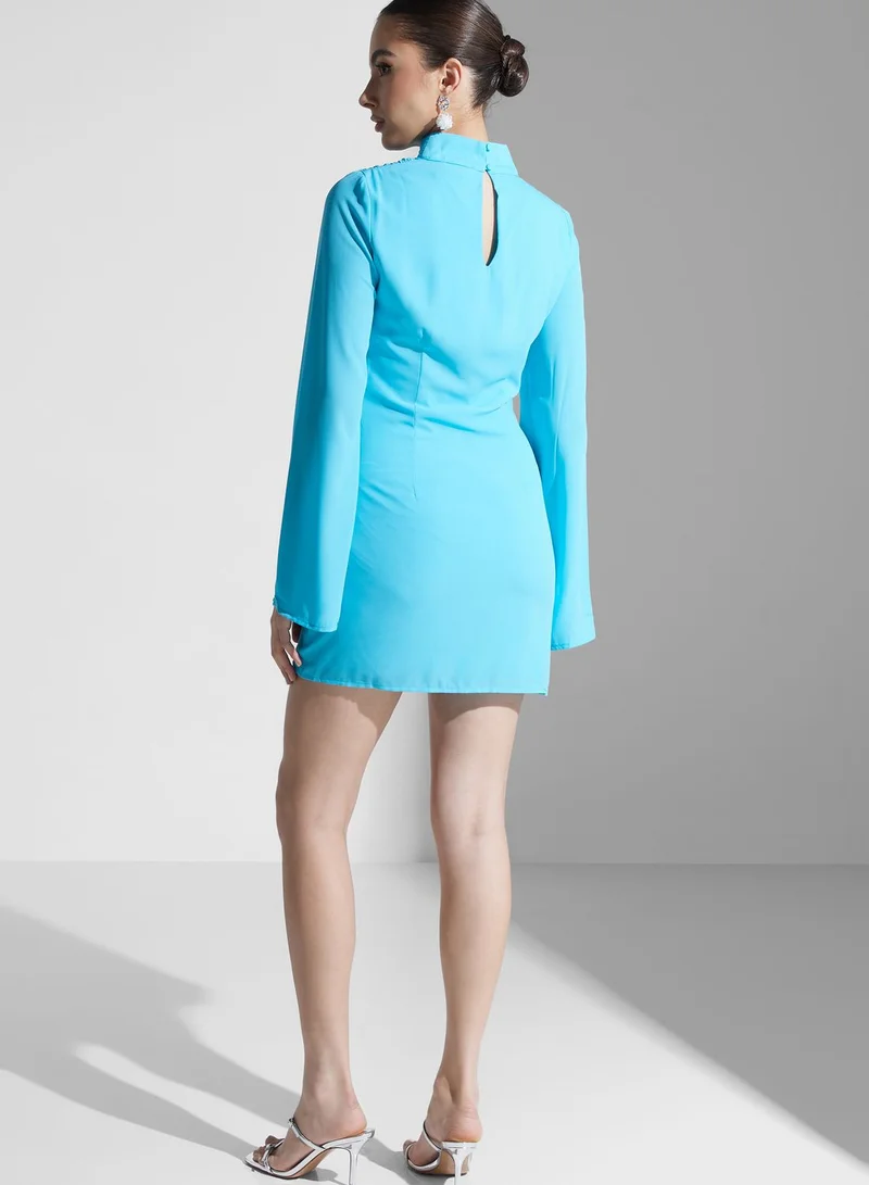 PRETTY LAVISH Cut Out High Neck Flute Sleeve Dress