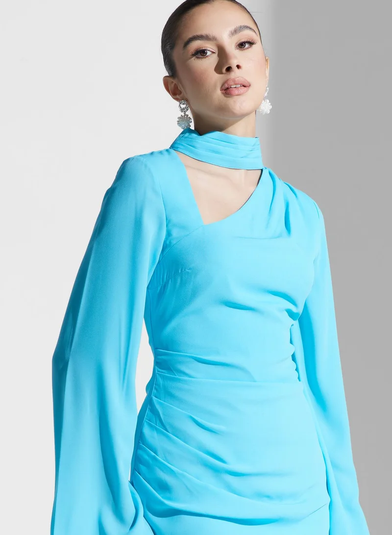 PRETTY LAVISH Cut Out High Neck Flute Sleeve Dress