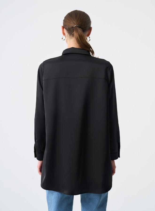 MIZALLE HIDDEN BUTTON BLACK SATIN TUNIC - Image 4