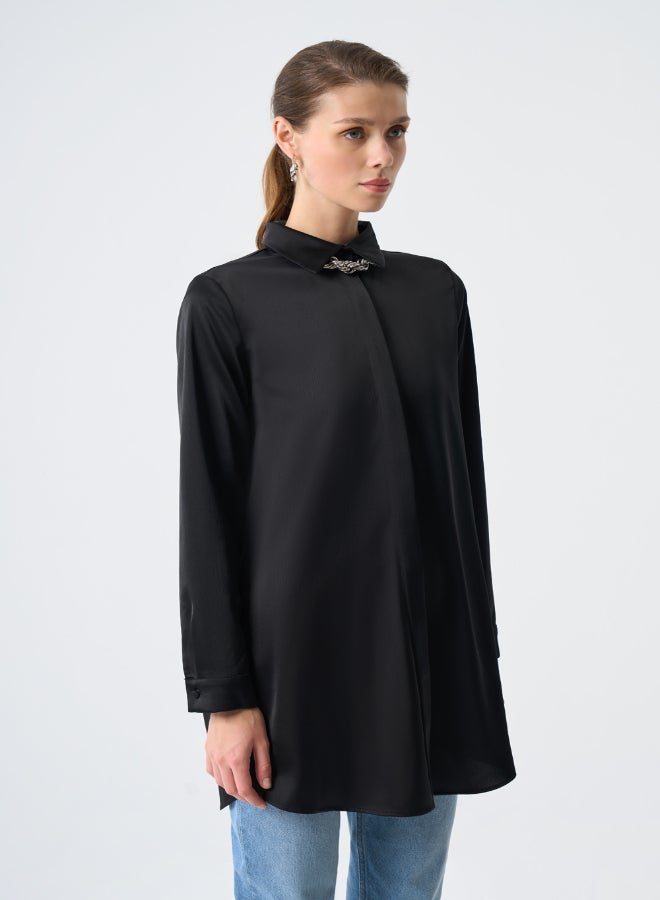 MIZALLE HIDDEN BUTTON BLACK SATIN TUNIC - Image 3
