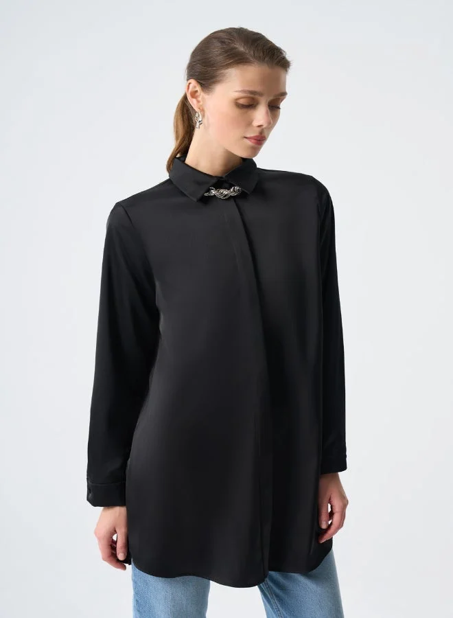 MIZALLE MIZALLE HIDDEN BUTTON BLACK SATIN TUNIC