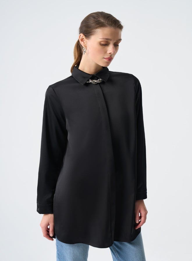 MIZALLE HIDDEN BUTTON BLACK SATIN TUNIC - Image 1