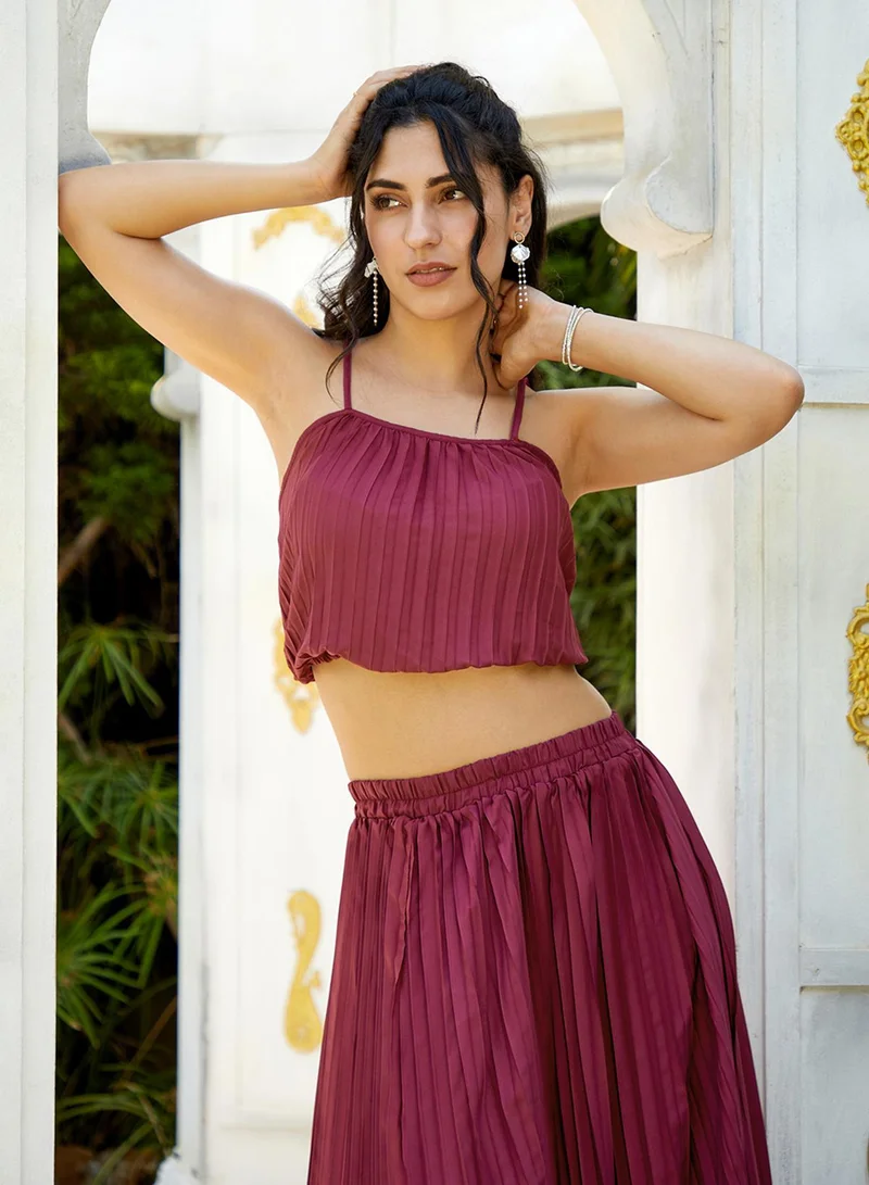 PINACOLADA Women's Wine Red Pleated Co-Ord Set For Casual Wear | Shoulder Straps | Sleeveless | Pull On Closure | Co-Ords Designed With Comfort Fit For Woman & Girls