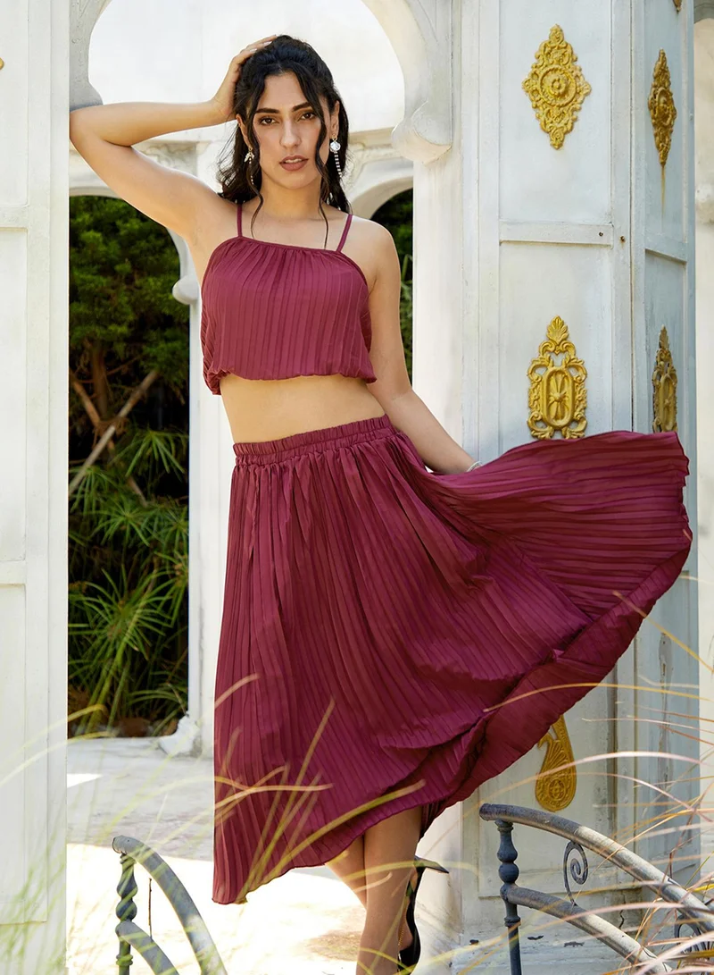 PINACOLADA Women's Wine Red Pleated Co-Ord Set For Casual Wear | Shoulder Straps | Sleeveless | Pull On Closure | Co-Ords Designed With Comfort Fit For Woman & Girls