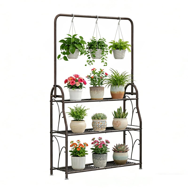 SORCEDAS Plant Stand Indoor Outdoor 3 Tier Tall Corner Hanging Shelf Metal Flower Stands Ladder Holder for Living Room Balcony Garden Patio Multiple Plants Bronze