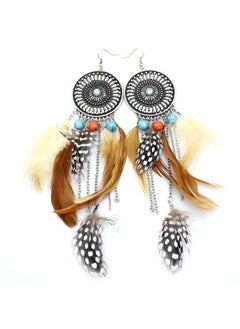 RechicGu Brown And Vintage Silver Western Cowgirl Vintage Big Dream Catcher Feather Coral Turquoise Bead Style Moon Hoop Drop Earrings  - Image 1