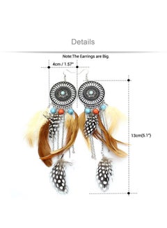 RechicGu Brown And Vintage Silver Western Cowgirl Vintage Big Dream Catcher Feather Coral Turquoise Bead Style Moon Hoop Drop Earrings  - Image 3
