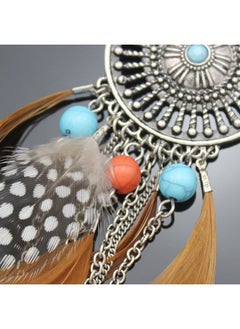 RechicGu Brown And Vintage Silver Western Cowgirl Vintage Big Dream Catcher Feather Coral Turquoise Bead Style Moon Hoop Drop Earrings  - Image 5
