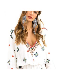 RechicGu Brown And Vintage Silver Western Cowgirl Vintage Big Dream Catcher Feather Coral Turquoise Bead Style Moon Hoop Drop Earrings  - Image 4