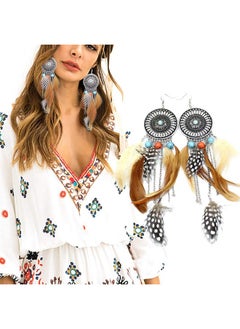 RechicGu Brown And Vintage Silver Western Cowgirl Vintage Big Dream Catcher Feather Coral Turquoise Bead Style Moon Hoop Drop Earrings  - Image 2