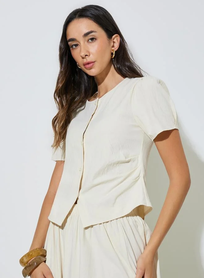 Styli Cream Solid Puff Sleeve Top and A-Line Maxi Skirt Set