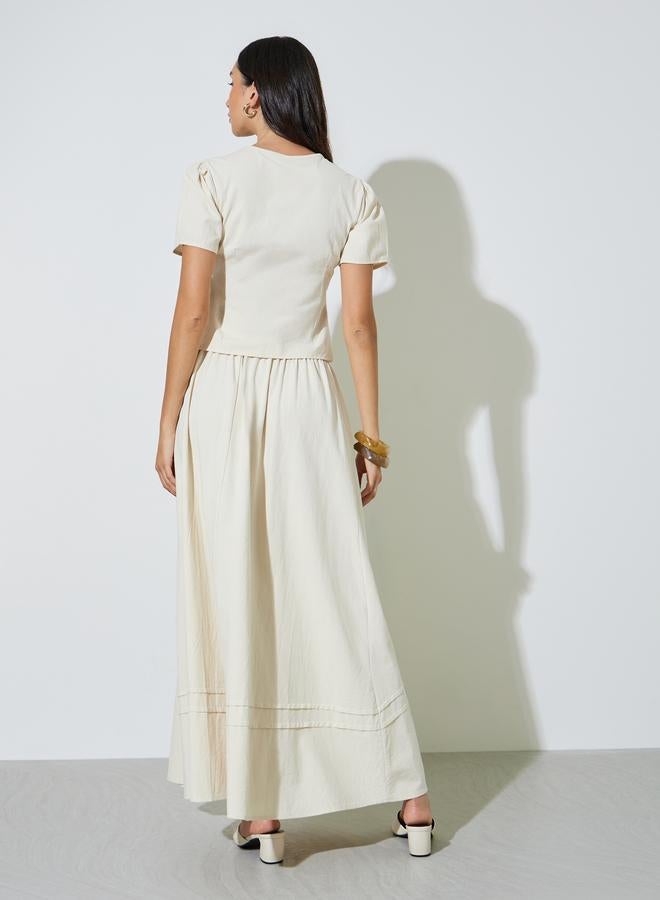 Styli Cream Solid Puff Sleeve Top and A-Line Maxi Skirt Set - Image 3