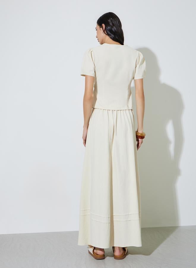 Styli Cream Solid Puff Sleeve Top and A-Line Maxi Skirt Set - Image 5