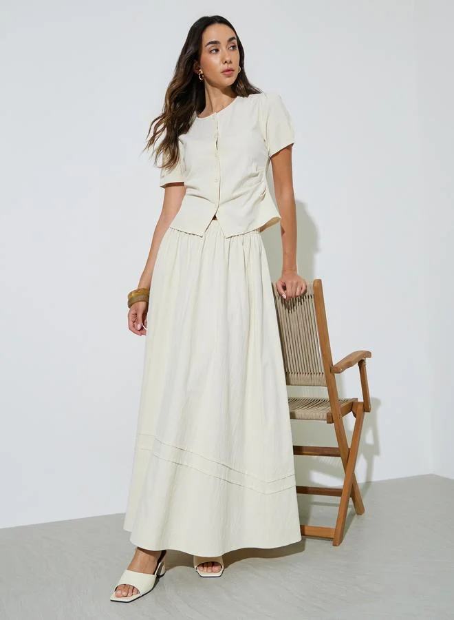 Styli Cream Solid Puff Sleeve Top and A-Line Maxi Skirt Set