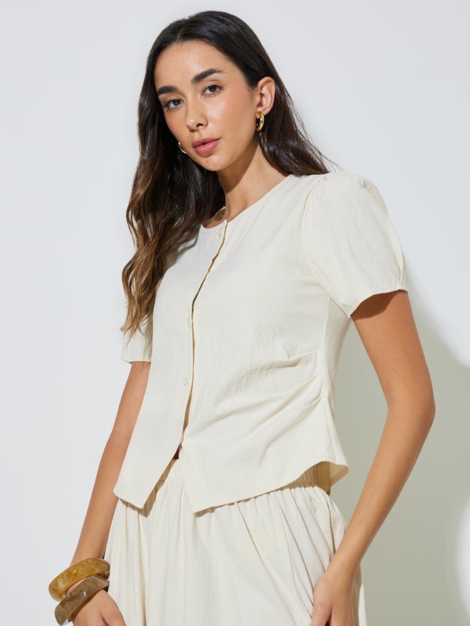 Styli Cream Solid Puff Sleeve Top and A-Line Maxi Skirt Set - Image 2