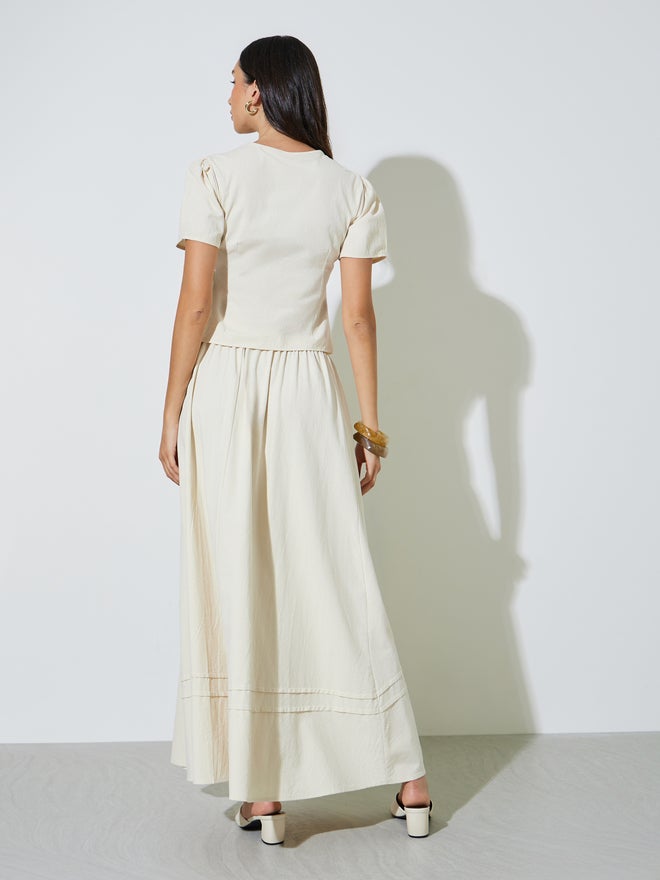 Styli Cream Solid Puff Sleeve Top and A-Line Maxi Skirt Set - Image 5