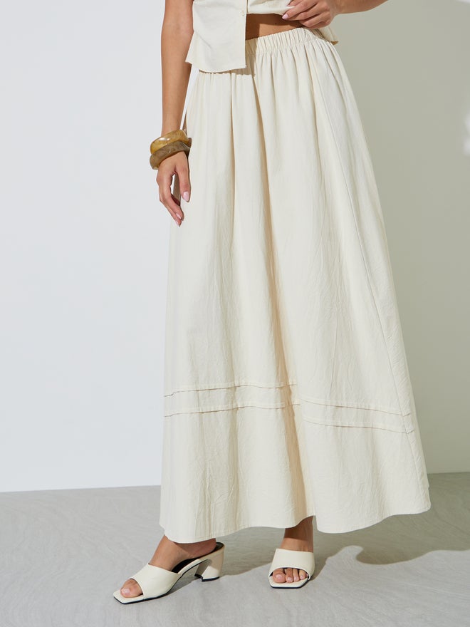 Styli Cream Solid Puff Sleeve Top and A-Line Maxi Skirt Set - Image 4
