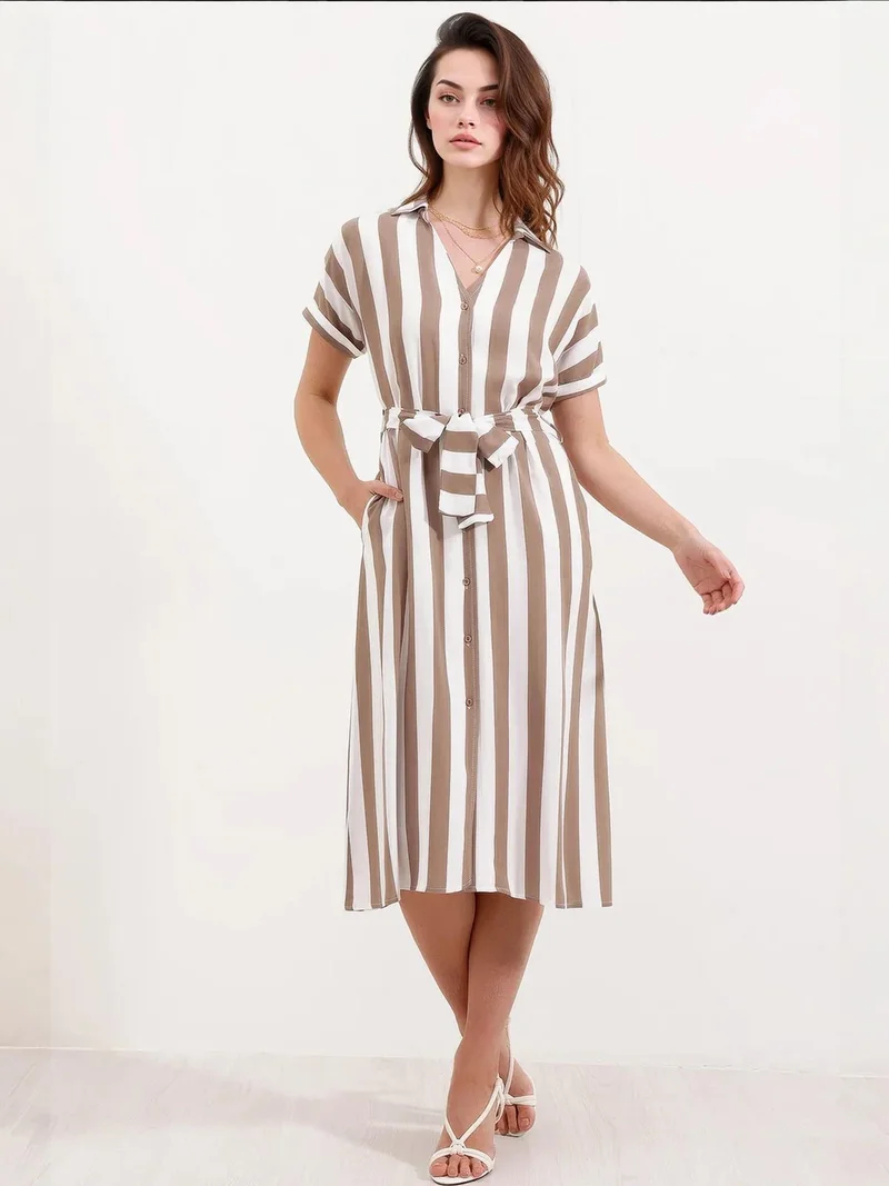 BIG DART BDART V-neck Striped Midi Dress with Bow