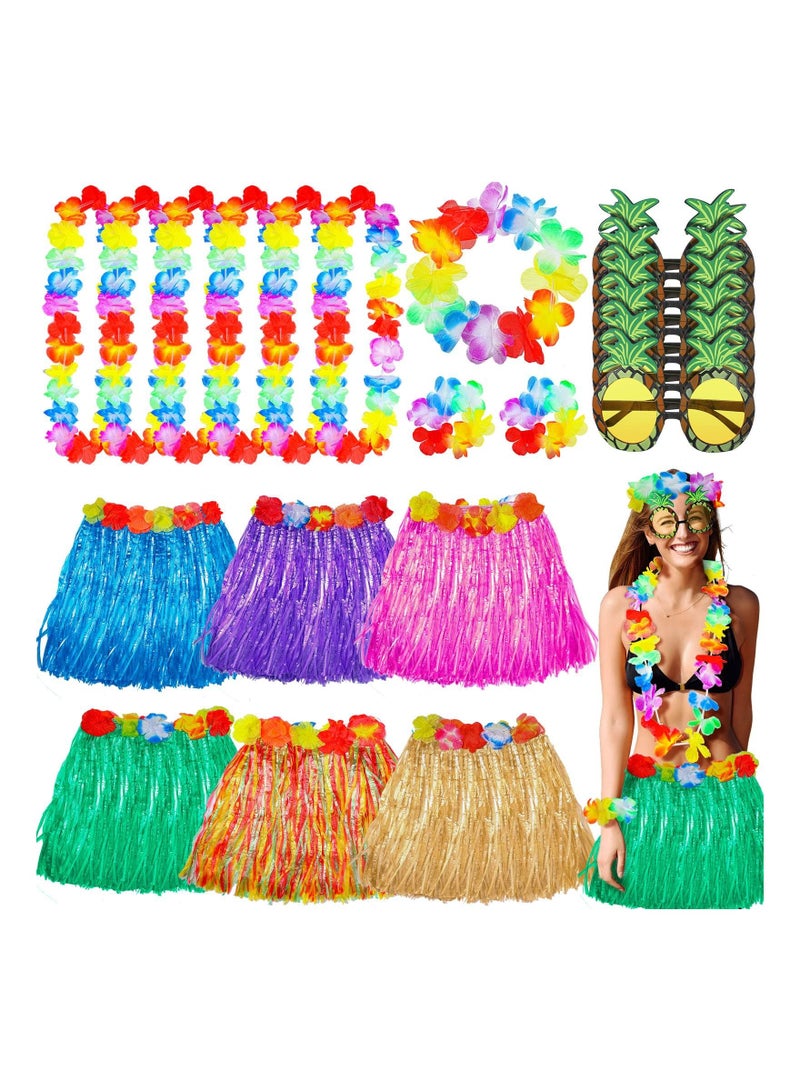 18 Packs Hawaiian Grass Skirt Party Set 6 Hawaiian Elastic Tropical Luau Hula Skirt 6 Hawaiian Leis Necklace Flower Headband Bracelet 6 Pineapple Sunglasses for Summer Vacation Hawaiian Party Supplies - Image 1