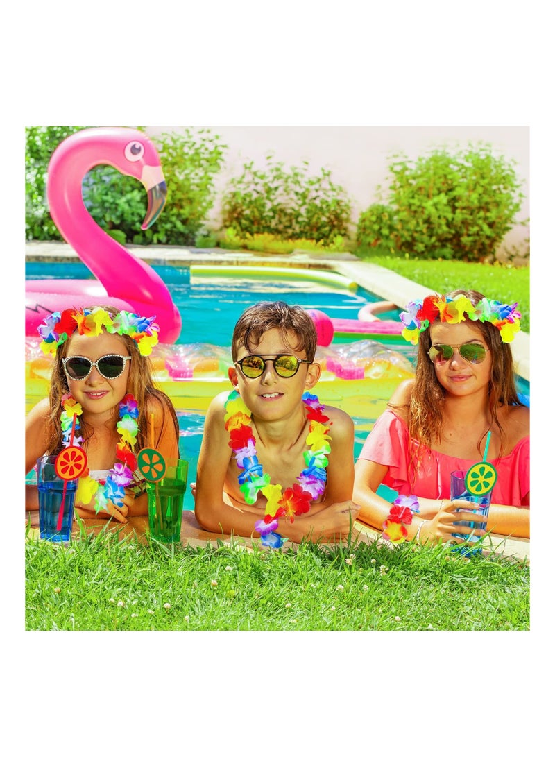 18 Packs Hawaiian Grass Skirt Party Set 6 Hawaiian Elastic Tropical Luau Hula Skirt 6 Hawaiian Leis Necklace Flower Headband Bracelet 6 Pineapple Sunglasses for Summer Vacation Hawaiian Party Supplies - Image 3