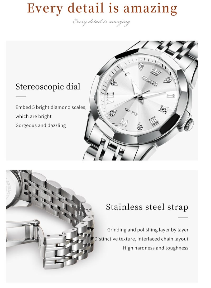 OLEVS Women's Quartz Watch Rhombus-Cut Mirror Design, Stainless Steel, Waterproof, Luminous, Elegant Top Brand Ladies Wristwatch - Image 2