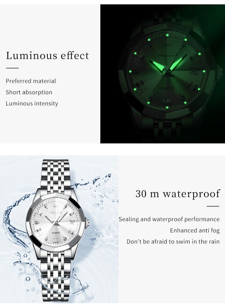 OLEVS Women's Quartz Watch Rhombus-Cut Mirror Design, Stainless Steel, Waterproof, Luminous, Elegant Top Brand Ladies Wristwatch - Image 3