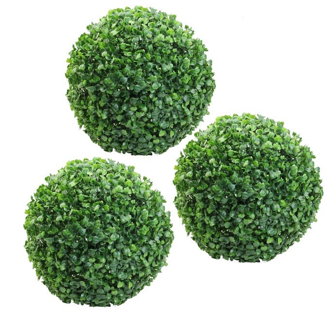 PVC PLASTIC ARTIFICIAL EUCALYPTUS BOXWOOD TOPIARY GRASS BALL 28 CM TOTAL DIAMETER GREEN SET OF 3