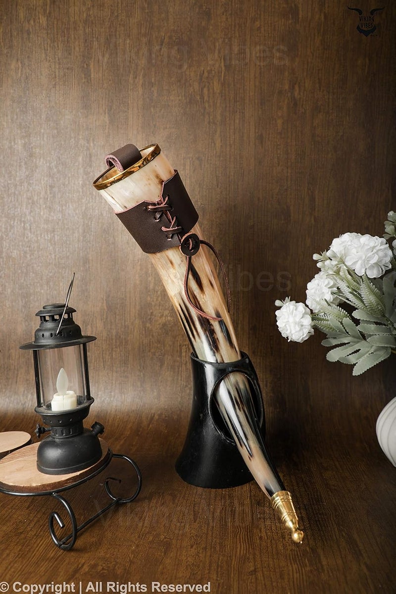 Loop Viking Vibes by Loop Viking Drinking Horn Beer Mug with Stand Genuine Handcrafted Vikings Horn for Beer Original Horn Mug with Stand Leather Strap Metal Tip Polished Finish with Horn Stand 1000 ML 33 OZ - Image 2