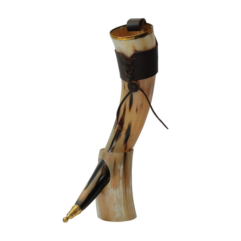 Loop Viking Vibes by Loop Viking Drinking Horn Beer Mug with Stand Genuine Handcrafted Vikings Horn for Beer Original Horn Mug with Stand Leather Strap Metal Tip Polished Finish with Horn Stand 1000 ML 33 OZ - Image 1